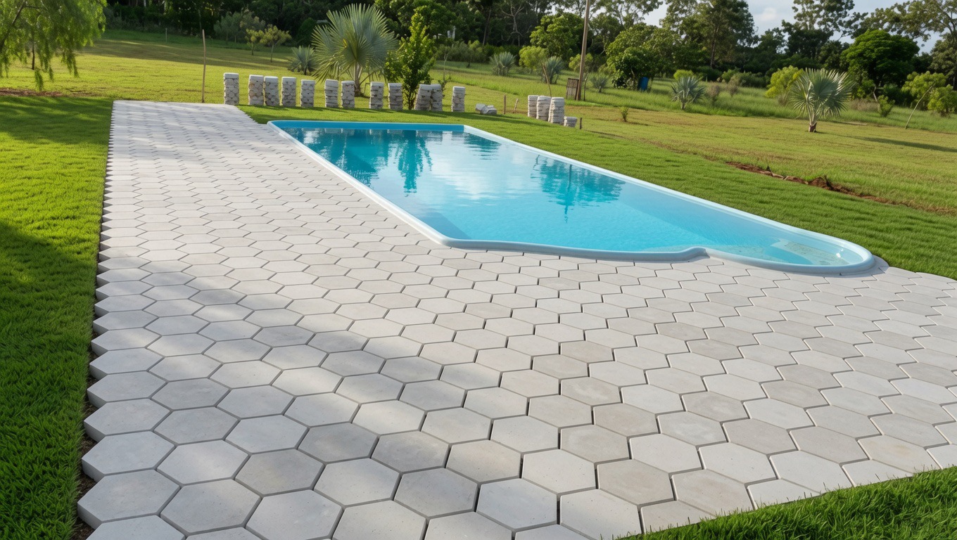 Piso de pavers ao redor de piscina