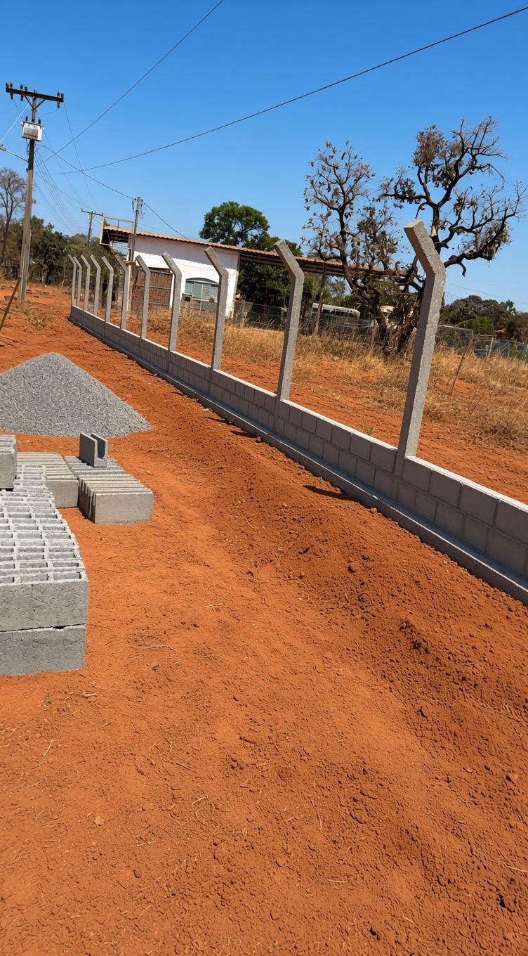 Muro de blocos de concreto com mourões pré-moldados